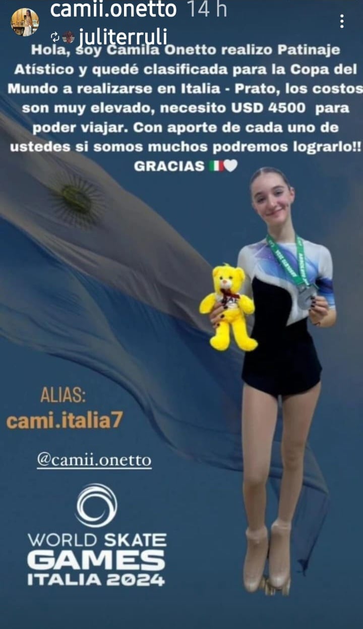 Camila Onetto tiene 14 años y necesita ayuda para representar a Argentina en el Mundial de Patinaje Artístico que se desarrollará en Italia.