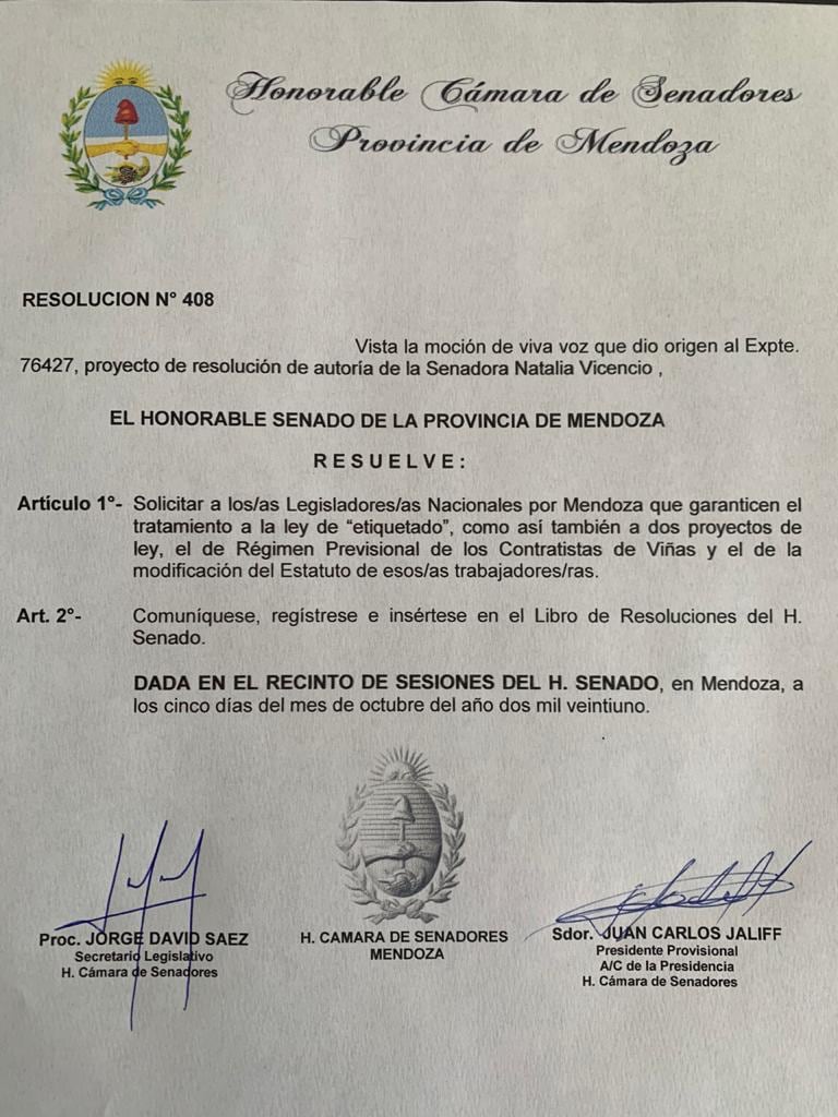 Resolución del Senado sobre la ley de Etiquetado Frontal.