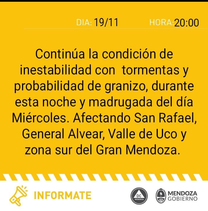 Alerta por tormentas con caída de granizo.