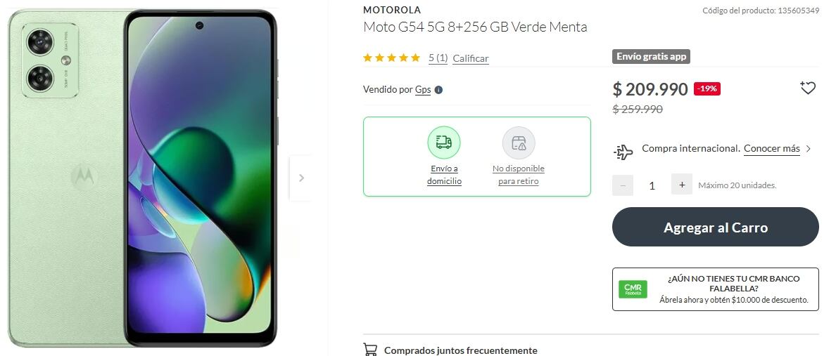 La tienda de Falabella ofrece un smartphone Motorola G54 a un precio promocional de $209.990 chilenos, gracias a un descuento del 19%.