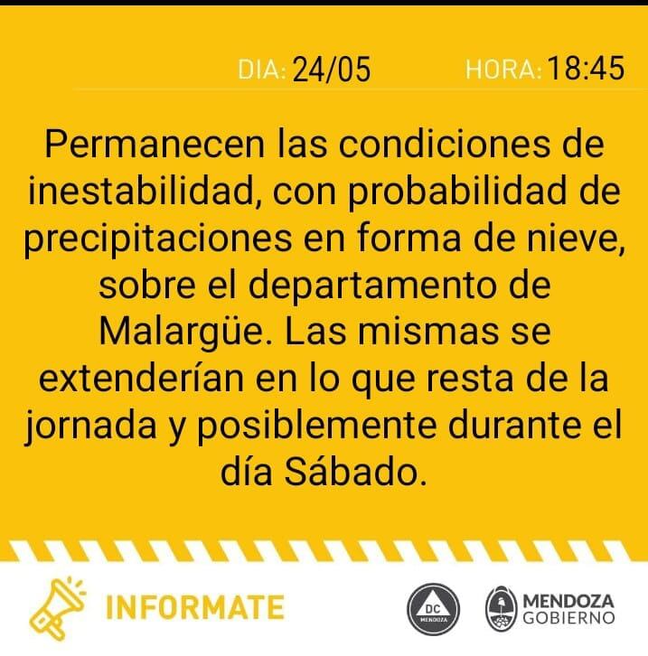 Comunicado de Defensa Civil Mendoza para lo que resta de este viernes.