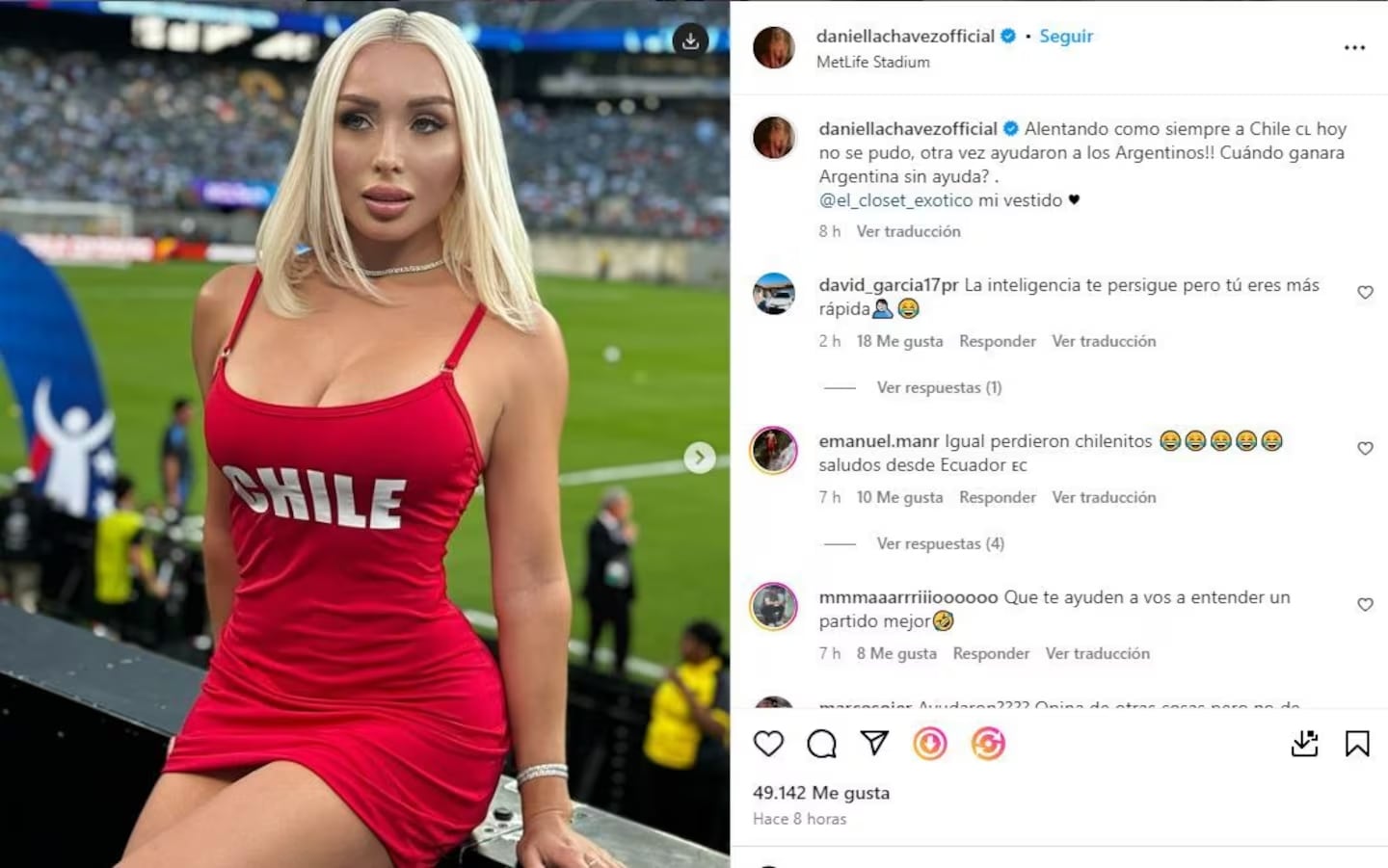 La influencer chilena llamó la atención en redes con sus posteos y su look en el estadio