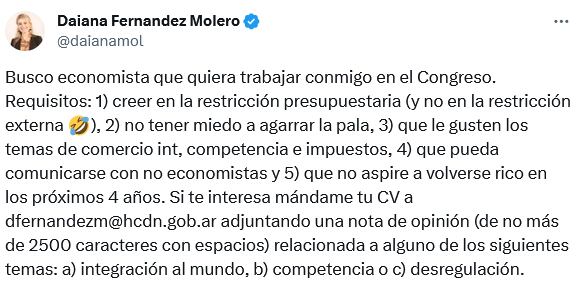 Una diputada nacional publicó en su cuenta de X una búsqueda laboral para sumar a su equipo a un economista. X