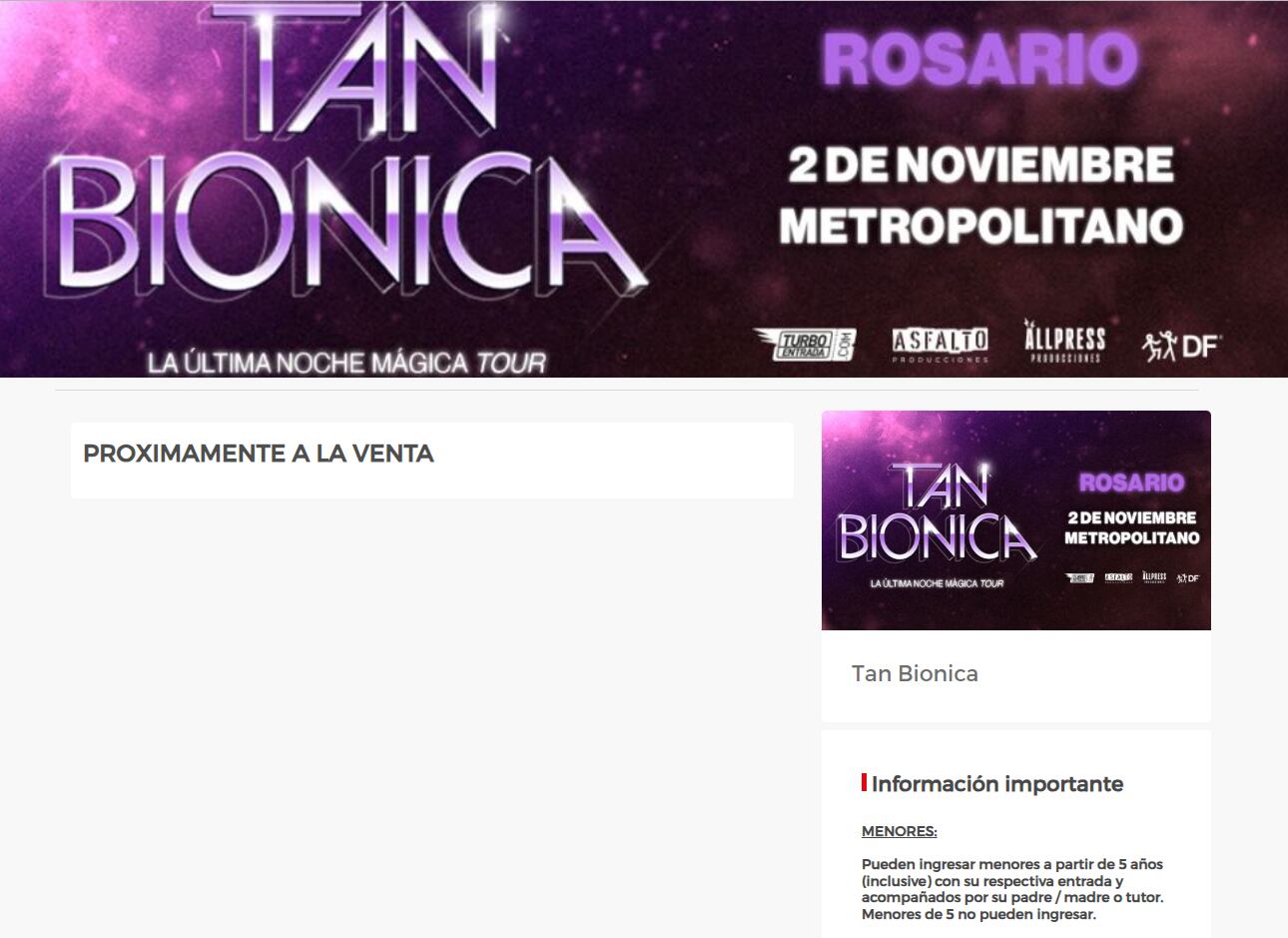 La web disponible para comprar entradas