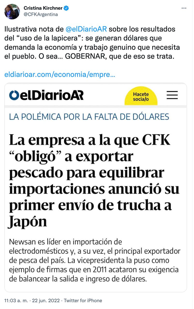 Mensaje de Cristina Kirchner sobre las importaciones