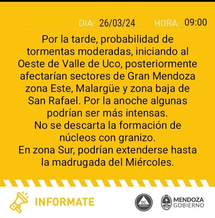 Alerta amarilla por tormentas en Mendoza (Defensa Civil)