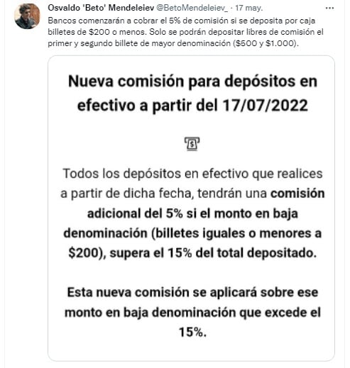 Un tweet generó polémica al alertar que los bancos iban a cobrar comisión si se depositaba billetes de baja nómina.