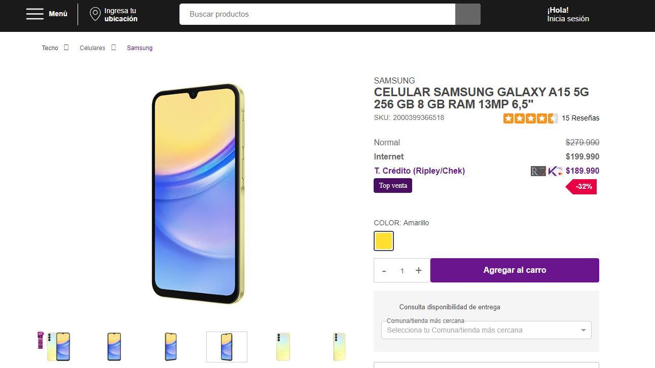 Esto sale en Chile un celular Samsung A 15 256 gb.