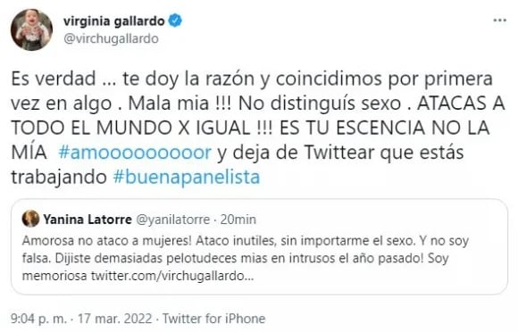 Yanina Latorre y Virginia Gallardo se cruzaron en las redes y se dijeron de todo