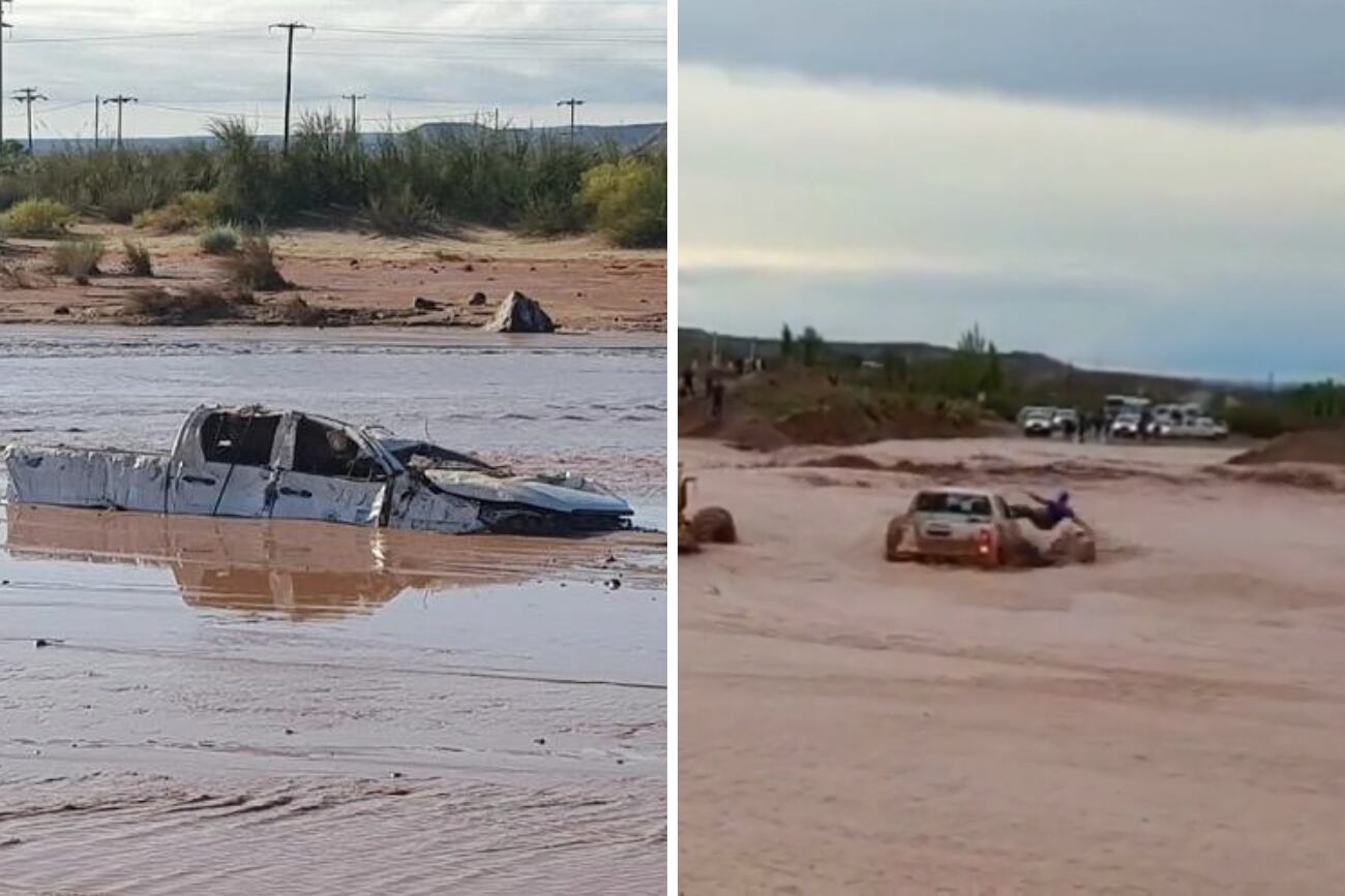 Dos trabajadores fueron rescatados con una máquina de la crecida de un río.