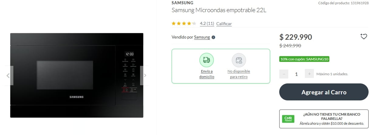 El modelo de microondas Samsung de 22L se encuentra disponible en la tienda oficial de Falabella a $229.990 chilenos.