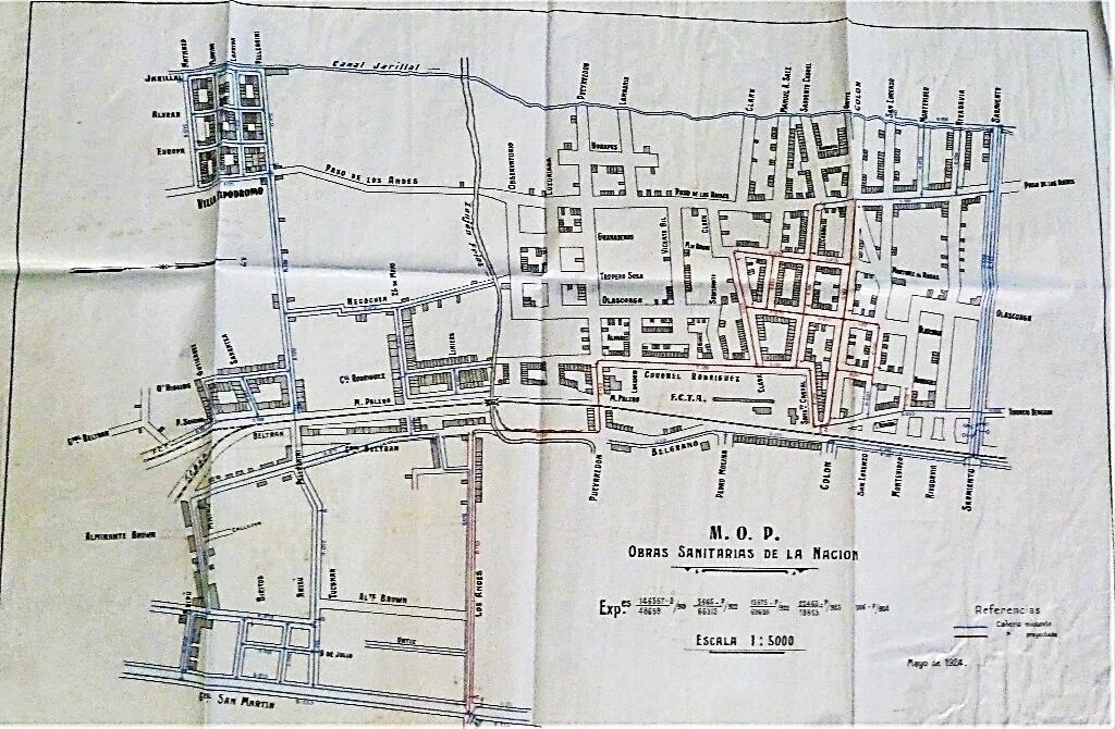 Mapa de cañerías existentes y proyectadas. Mendoza, 1924.
Fuente: Archivo AYSAM.