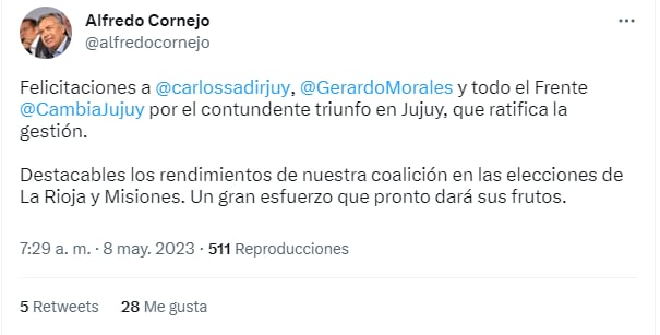 El senador nacional valoró el triunfo de Juntos por el Cambio y también saludó a los candidatos en La Rioja y Misiones.