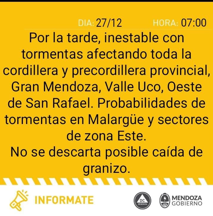 Alerta amarilla por tormentas en Mendoza.