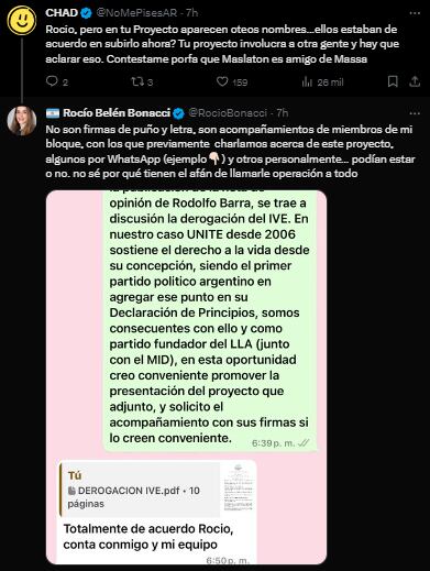 La diputada mostró una captura de pantalla donde se puede leer que la apoyan en su proyecto. Foto: captura.