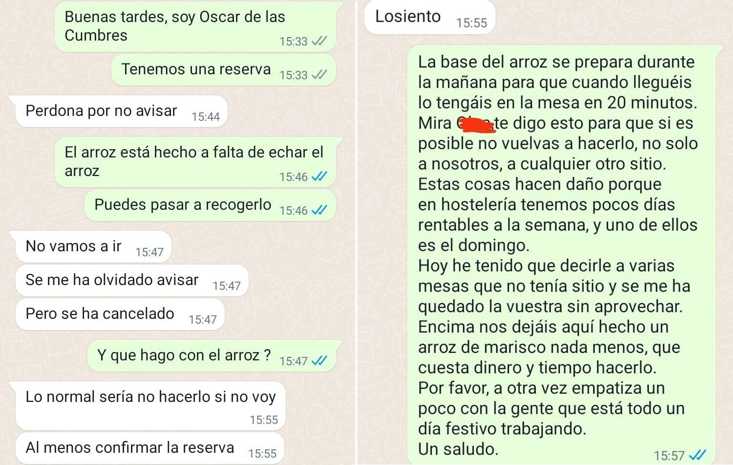 El chat que el dueño de Las Cumbres mantuvo con un cliente poco "empático". Foto: Redes Sociales.