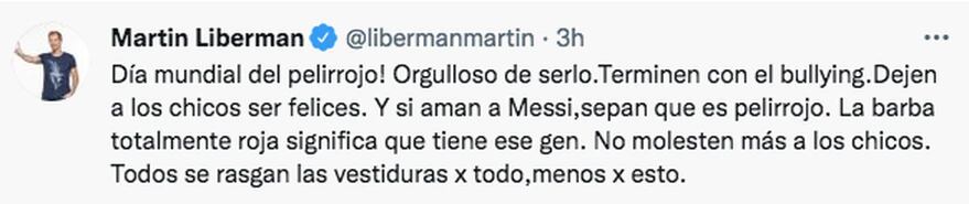 El posteo en Twitter de Martín Liberman por el Día Mundial del Pelirrojo.