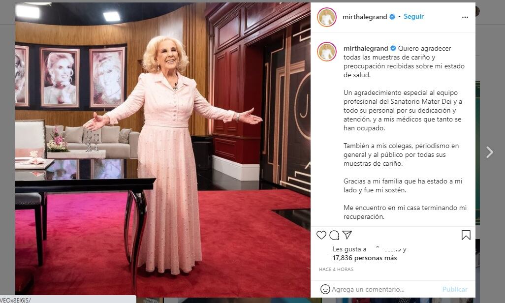 El comunicado de Mirtha Legrand tras haber recibido el alta.