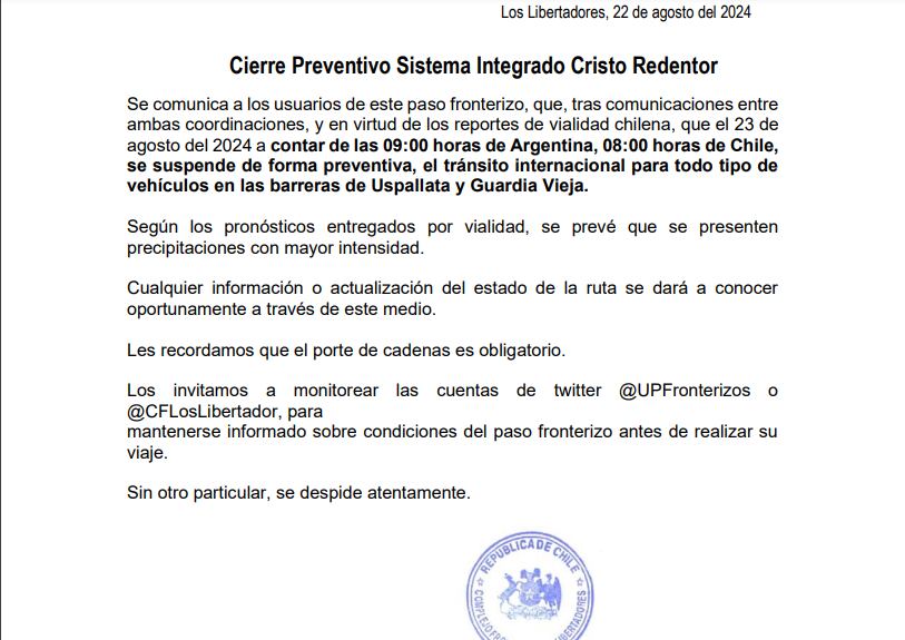 Comunicado Ministerio del Interior de Chile para anunciar cierre preventivo Paso Cristo Redentor.