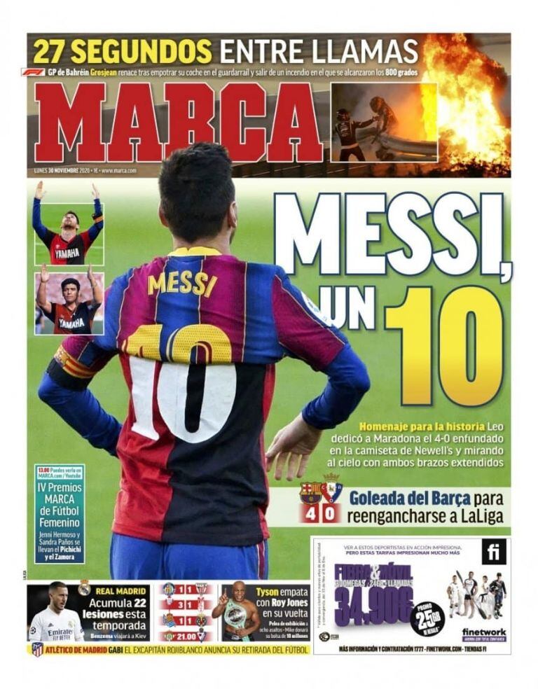 Tremenda tapa del diario madrileño, Marca. El 10 es uno, Barcelona-Newell´s, Messi heredero.