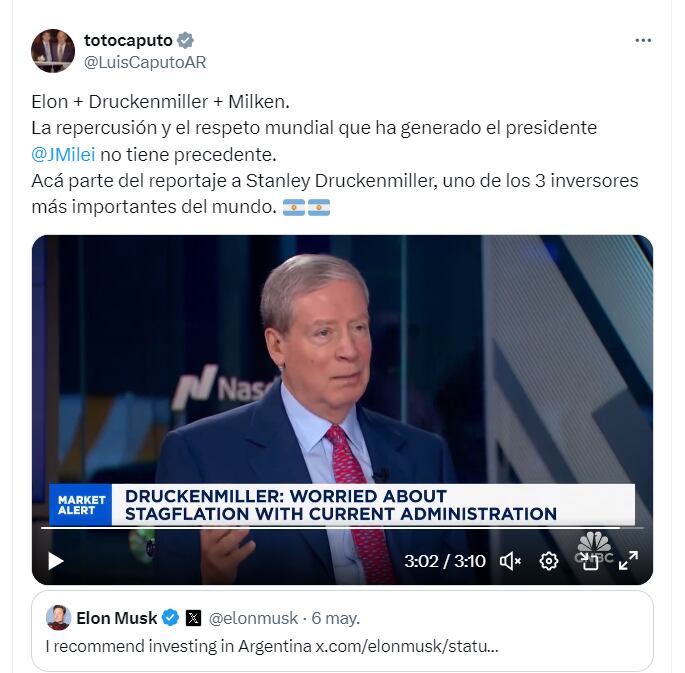 En dialogo con la cadena estadounidense CNCB, Druckenmiller destacó el intelecto y la labor de Milei como jefe de Estado - X Luis Caputo