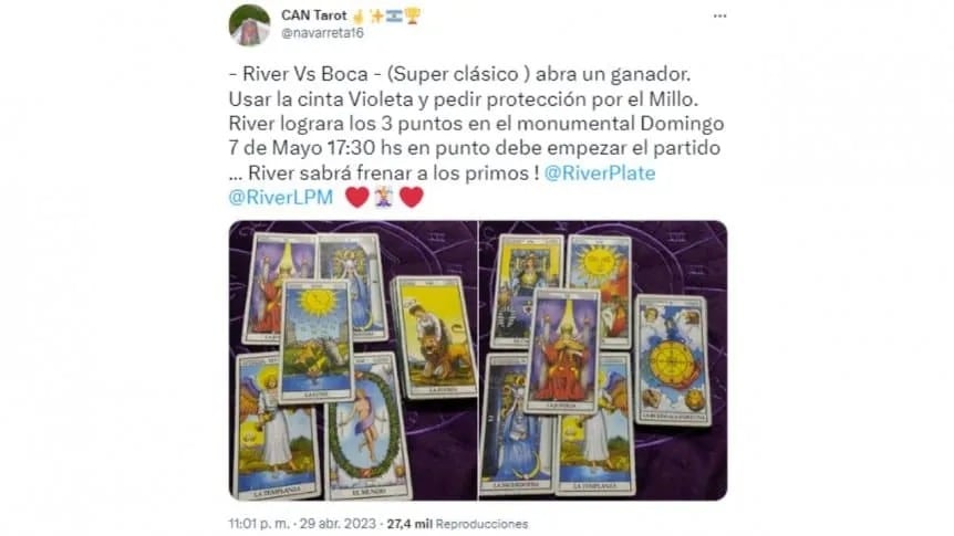 CAN Tarot, reconocido por vaticinar los resultados del Millonario, tiró las cartas y dio su pronóstico de cara al duelo del 7 de mayo contra el Xeneize. / Gentileza.