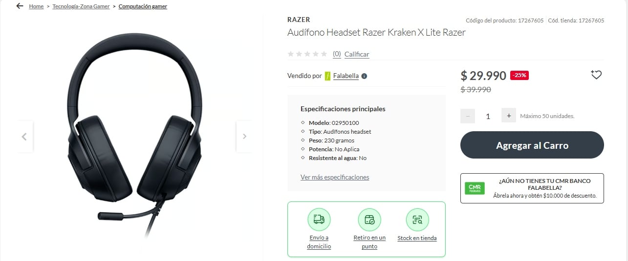 La tienda de Falabella ofrece unos auriculares Headset Razer Kraken X Lite a un precio promocional de $29.990 chilenos.