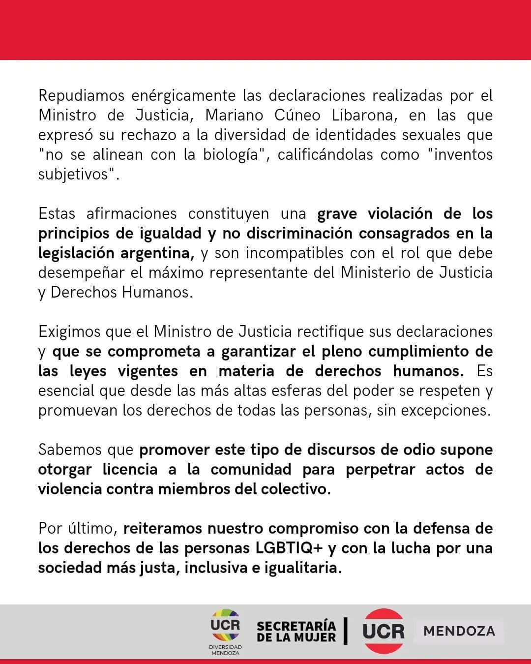 La UCR de Mendoza repudió los dichos del ministro de Justicia Mariano Cúneo Libarona. Imagen: X / @ucrmendoza