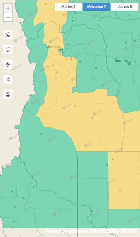 Alerta amarilla por tormentas para el miércoles 7 del Servicio Meteorológico Nacional.
