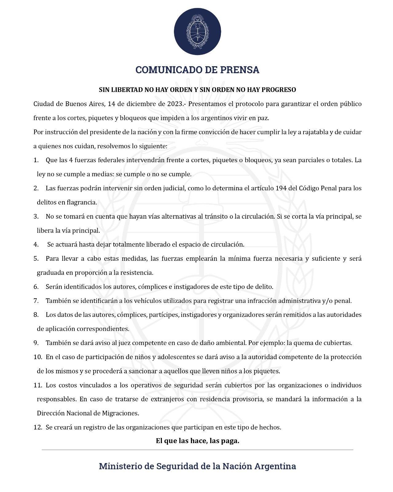 El protocolo del orden público antipiquetes anunciado por Patricia Bullrich