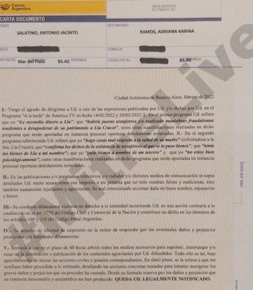 La carta documento de Lía Crucet a su hija Karina