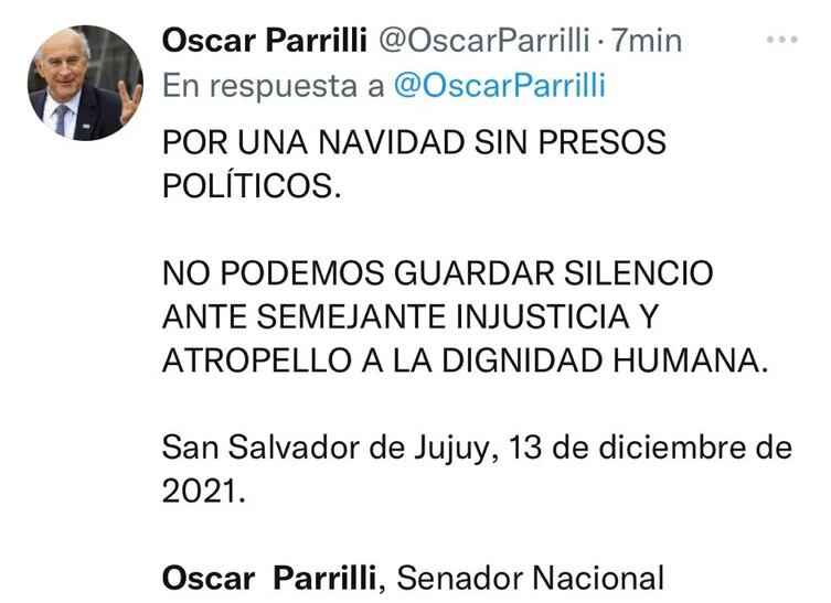 El mensaje de Parrilli en Twitter.