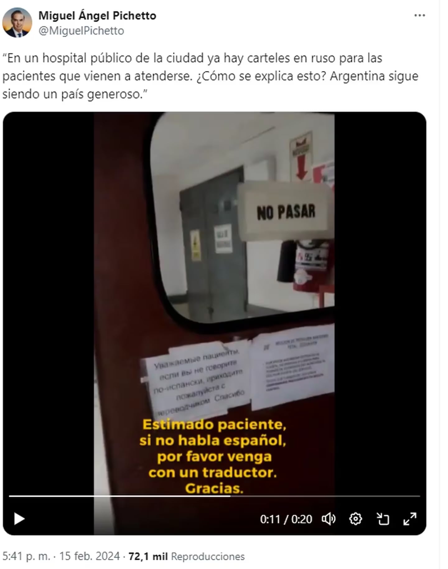 El tweet de Pichetto en relación a un cartel en ruso que colocaron en un hospital. Gentileza: X @miguelpichetto.