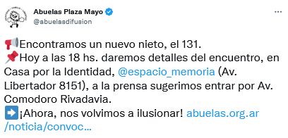 Abuelas de Plaza de Mayo confirmaron la recuperación del nieto 131. Twitter.