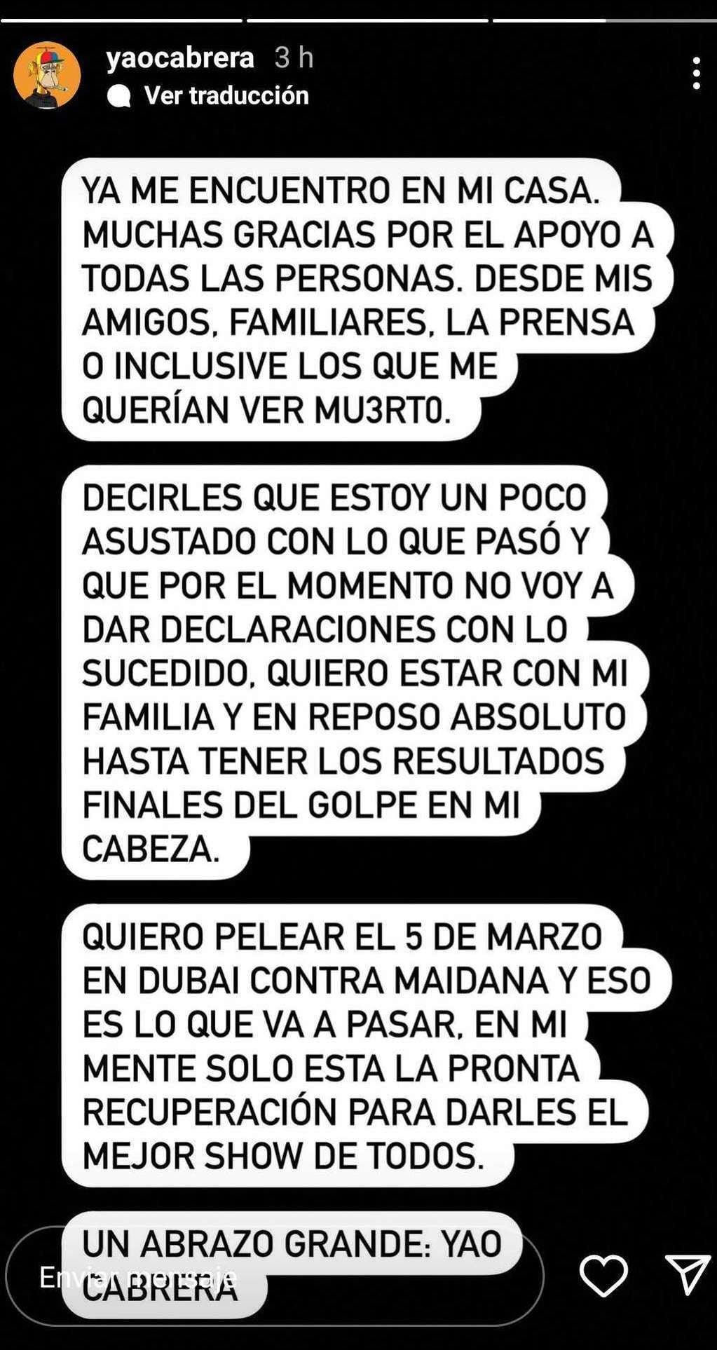 El posteo de Yao Cabrera para sus seguidores: "Gracias a los que me querían ver muerto"