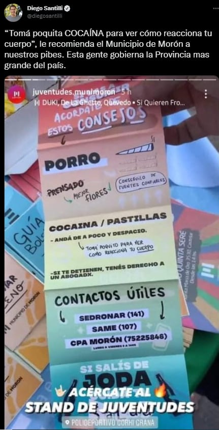 “Tomá poquita cocaína”: la insólita recomendación del Municipio de Morón a los jóvenes en un folleto. Foto: Twitter @diegosantilli