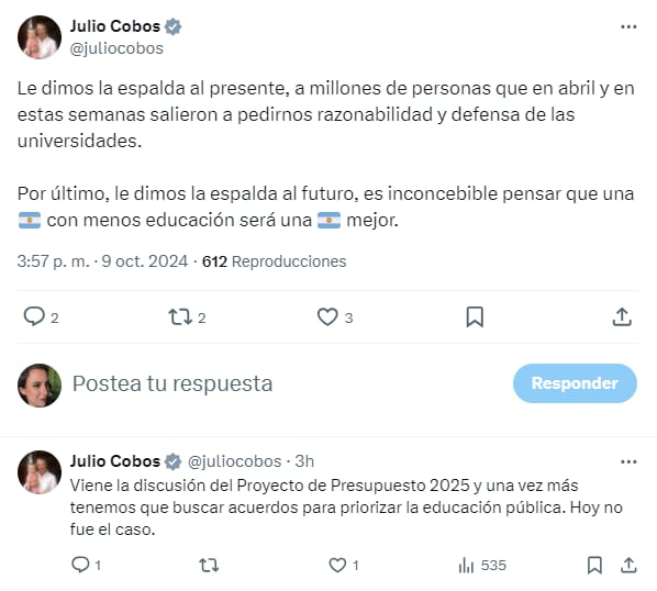 Julio Cobos lamentó el resultado de la votación en contra de la ley de financiamiento educativo.