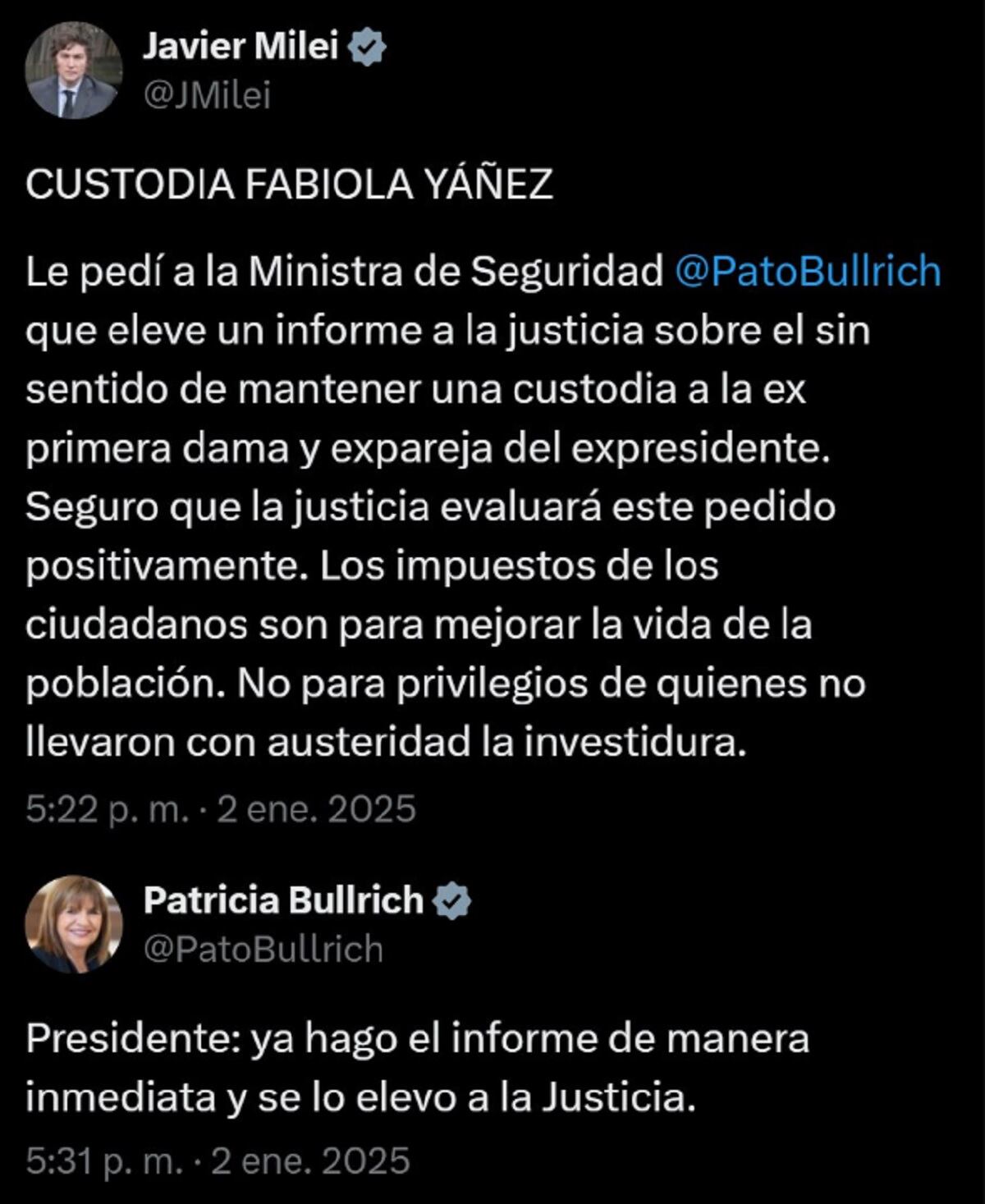 Milei reveló que solicitó a la ministra de Seguridad, Patricia Bullrich, un informe para evaluar la necesidad de mantener la custodia de Yáñez (Foto: Twitter Javier Milei)