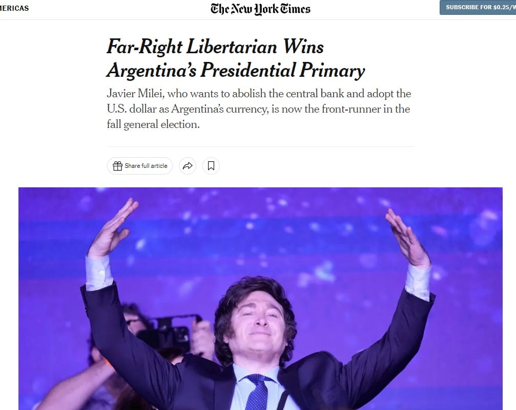 Medios internacionales reaccionaron al triunfo de Javier Milei en las elecciones PASO 2023 (The New York Times, Estados Unidos)