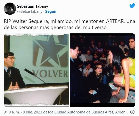 Tweet de Tabany donde confirma la muerte del productor y creador de Canal Volver.  Foto: Twitter.