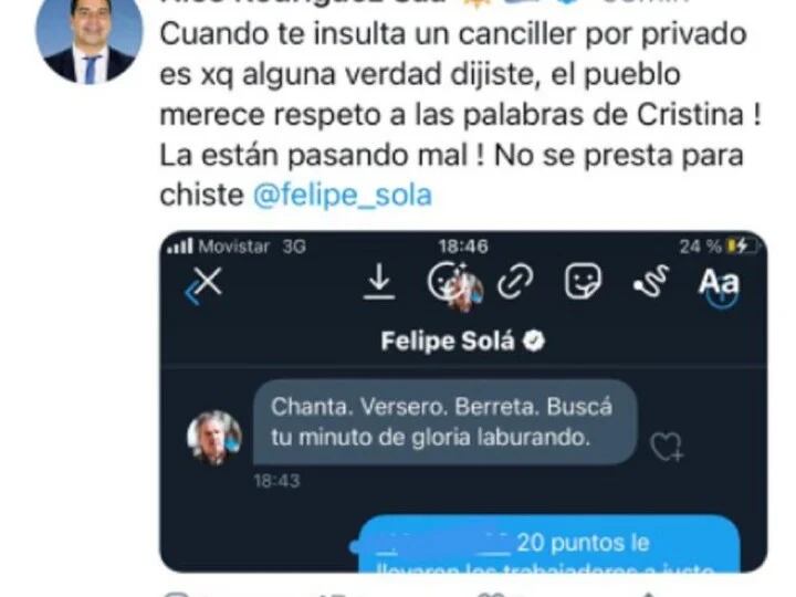 El tuit donde Nicolás Rodríguez Saá publicó el mensaje que Felipe Solá le había enviado al privado.