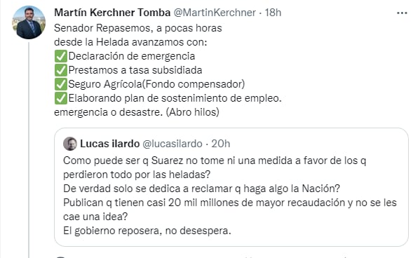 Los senadores Martín Kerchner (UCR) y Lucas Ilardo (PJ) se cruzaron por la asistencia a los productores por las heladas.