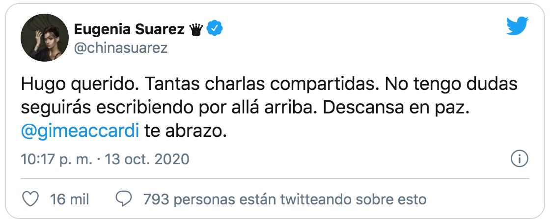 La actriz expresó su dolor por la pérdida de Hugo.