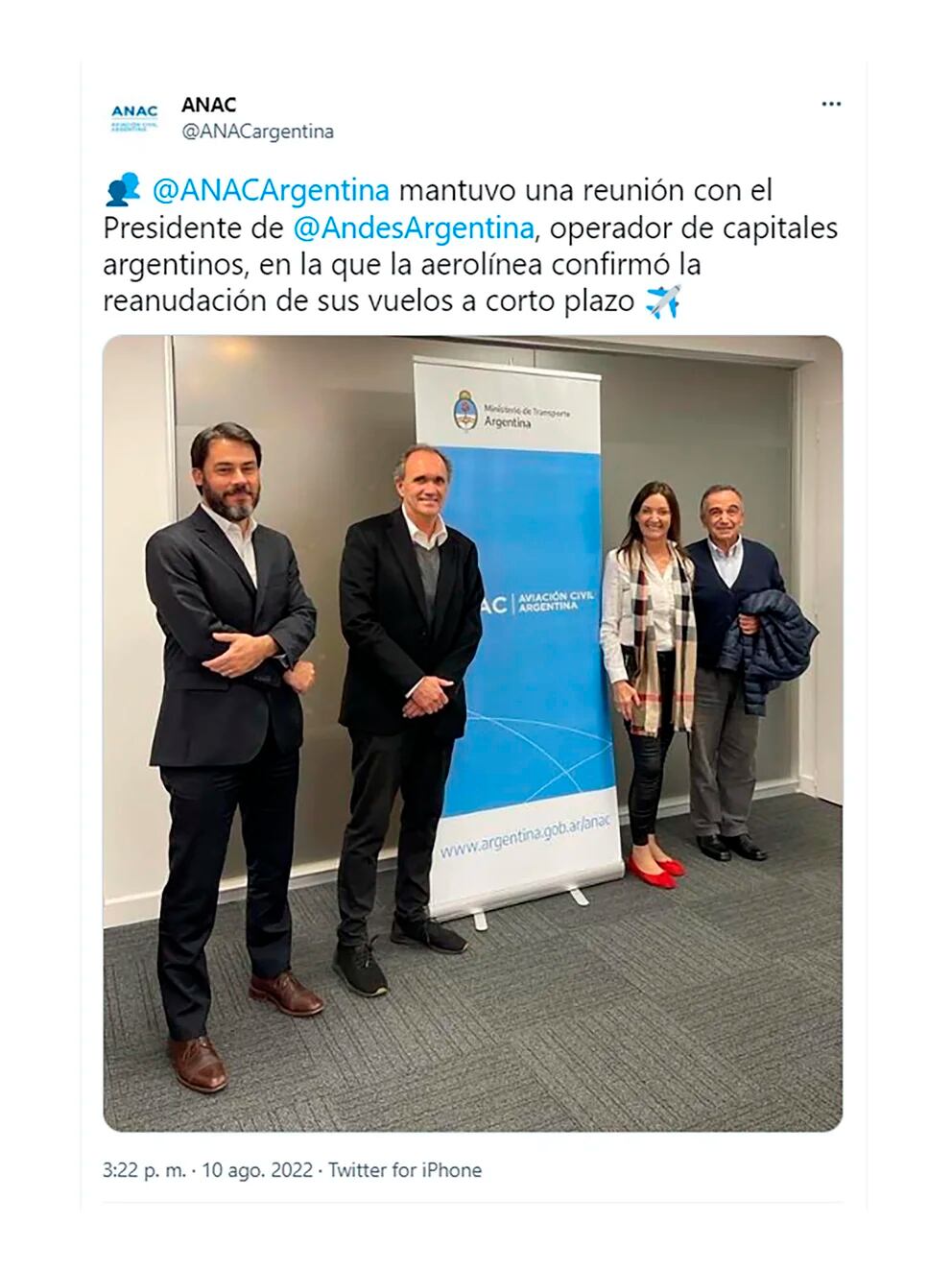 Directivos de Andes se reunieron con Paola Tamburelli, titular de Anac, para avanzar en el regreso de la aerolínea al mercado argentino. Foto: Web