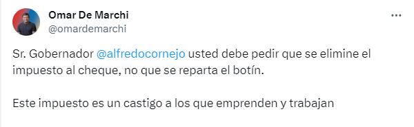 Omar De Marchi cruzó a Cornejo por el impuesto al cheque.