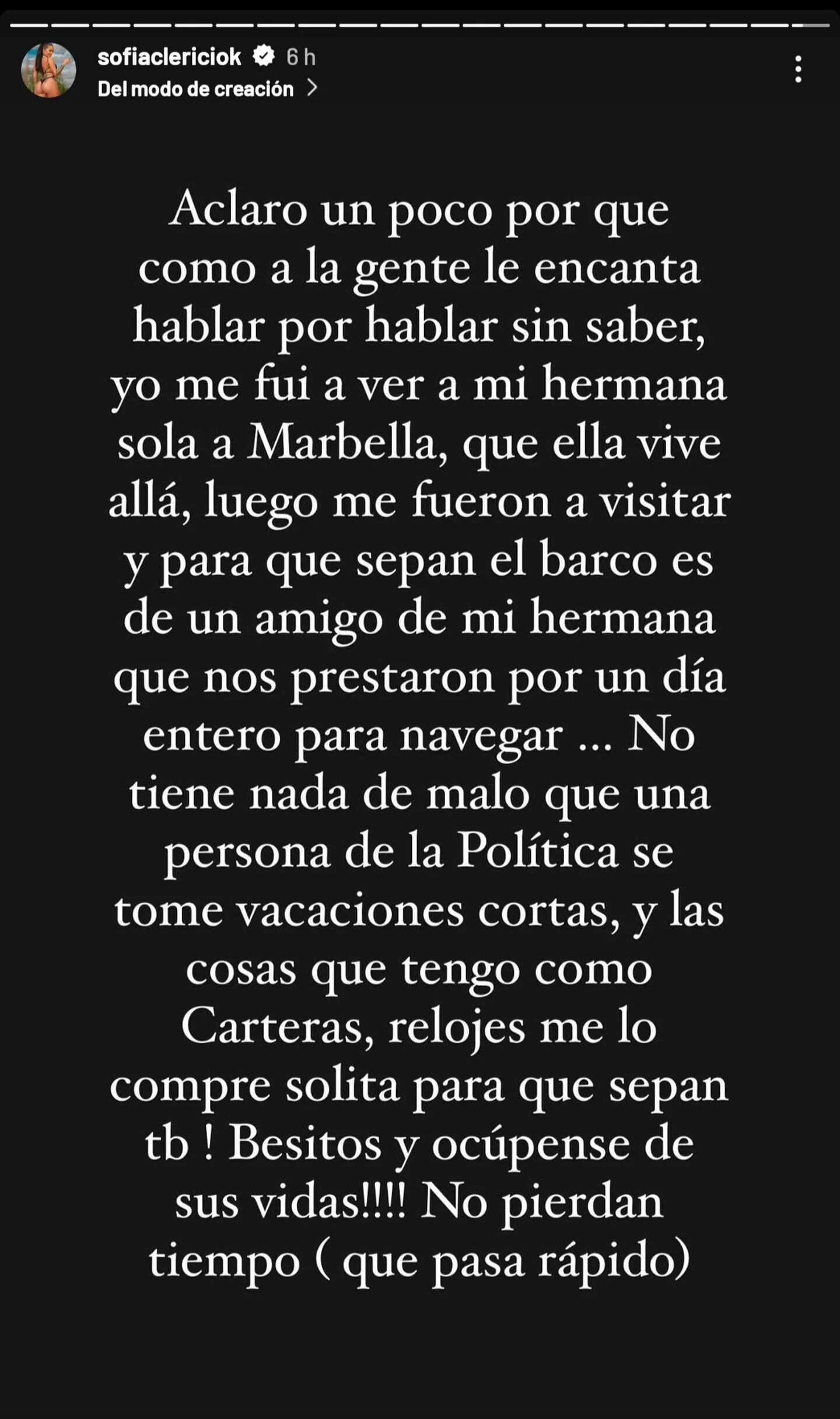 La modelo y mediática Sofía Clarici publicó un mensaje en sus redes sociales y habló del tema.