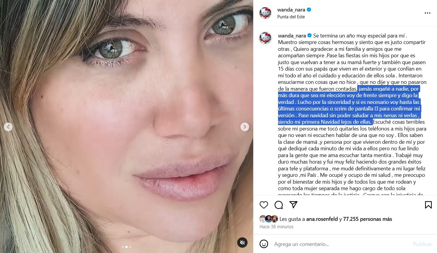 El picante descargo con el que Wanda Nara cierra el año. Captura de Instagram.