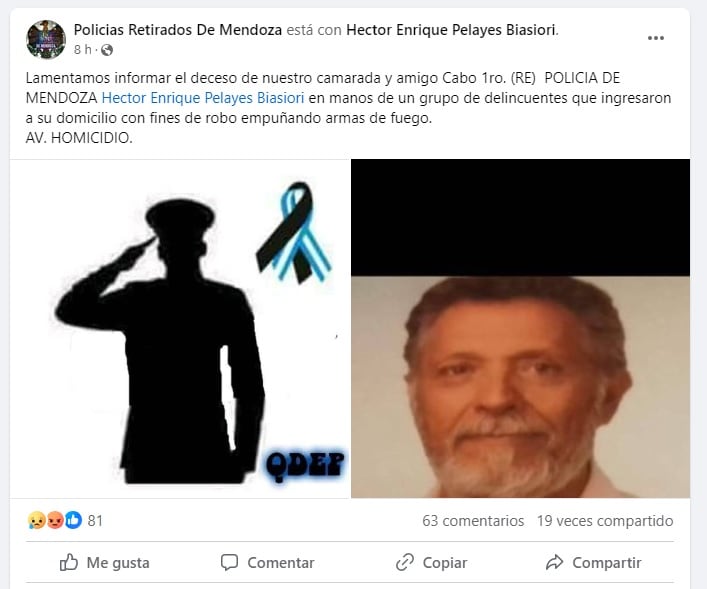 Héctor Pelayes, el policía retirado que murió en una entradera en Guaymallén. La despedida en Facebook.