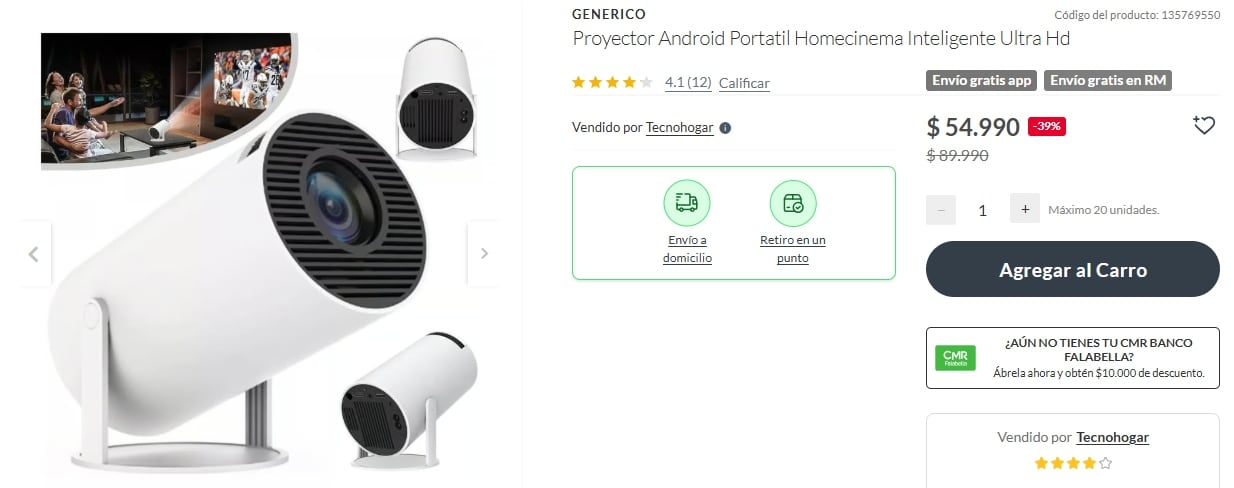 La tienda de Falabella ofrece un proyector Android Portatil a un precio promocional de $54.990 chilenos.