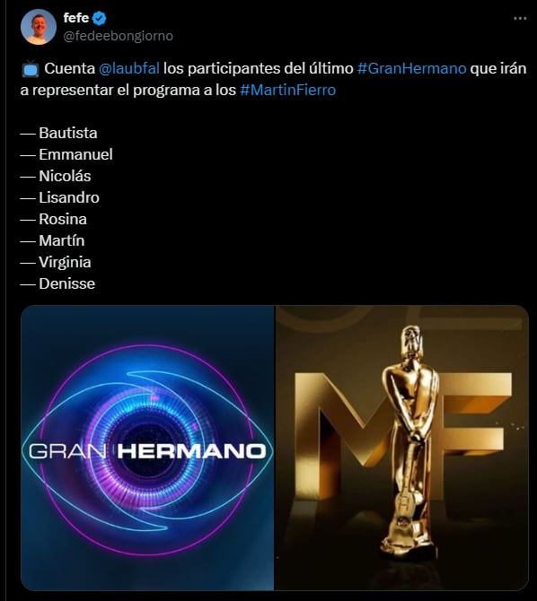 Gran Hermano definió a sus representantes para los Martin Fierro.